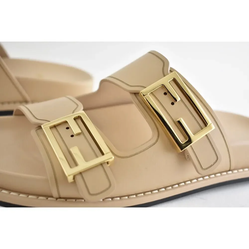Fendi Feel Dual Strap Beige Leather Gold Logo Buckle Mule Flat Sandal Slide 39.5